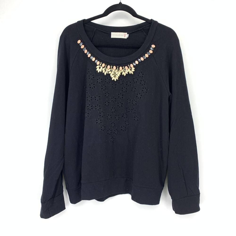 Johnny Was Love & Liberty Black Sweatshirt XL Jeweled Beaded Neckline Eyelet